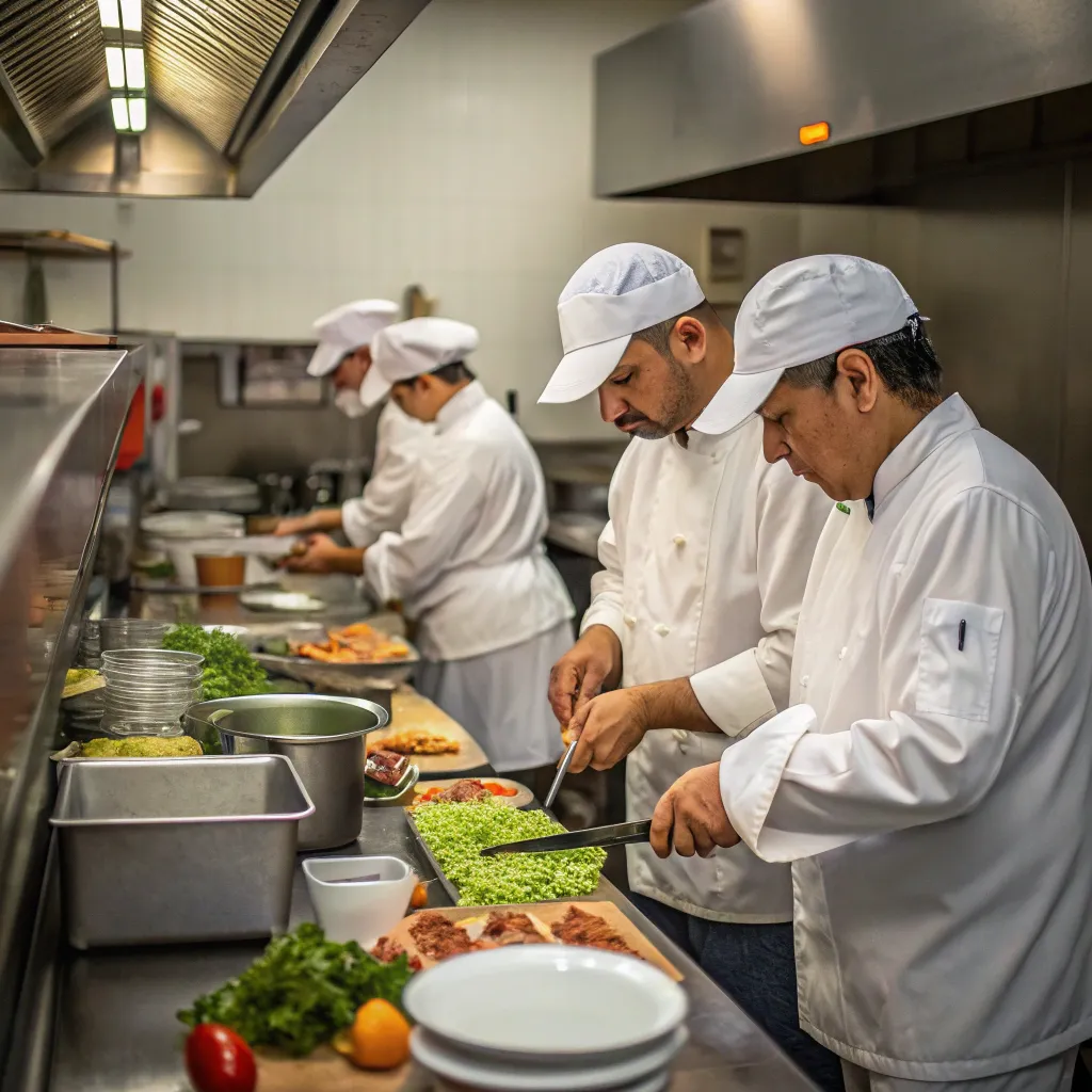 Employees collaborating in kitchen
